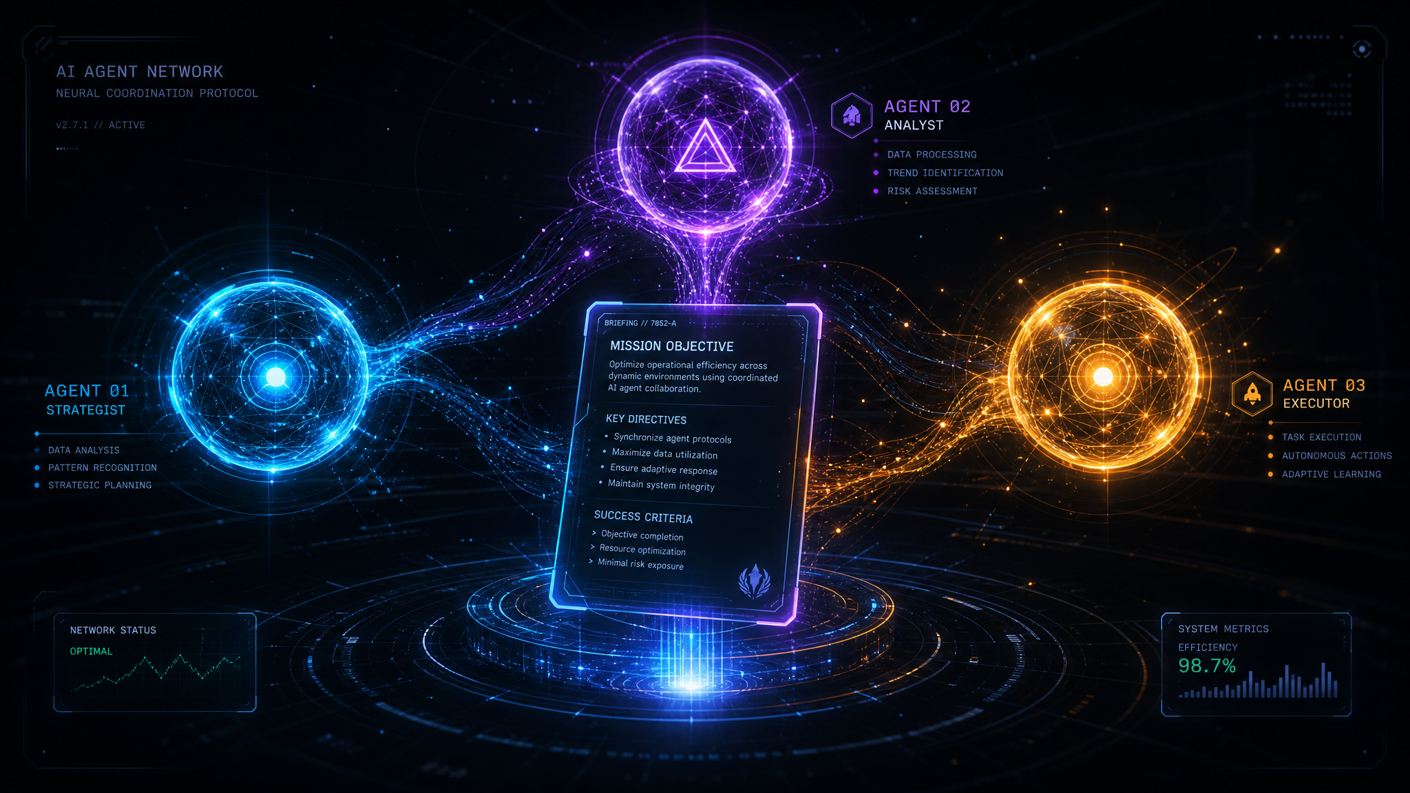 Agentic RAG framework visualization — three AI agents sharing intelligence through retrieval-augmented generation, processing brand DNA, market signals, and competitive data