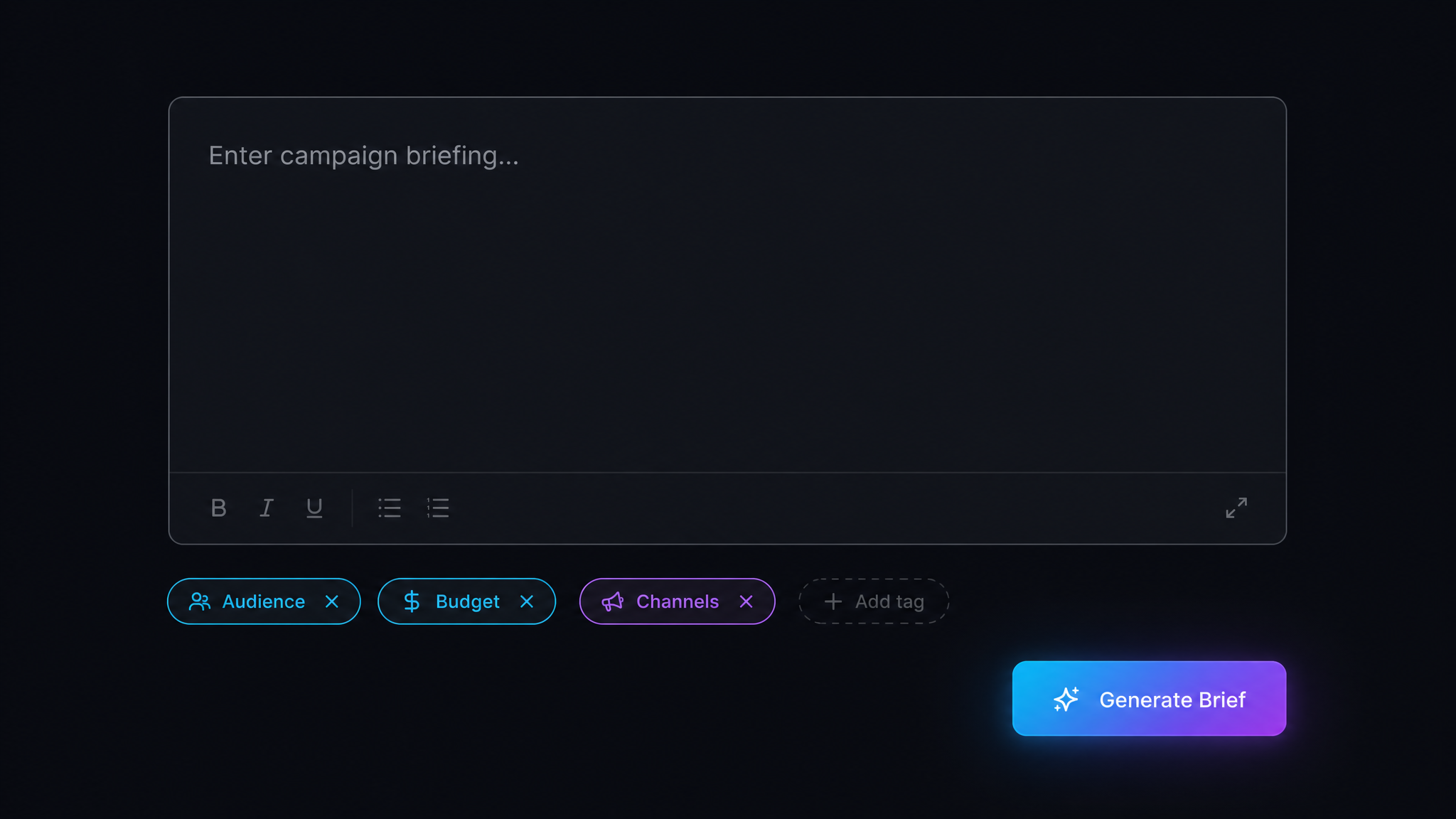 Briefing — Natural language campaign brief. Objectives, audience, budget, KPIs — structured and validated by AI in seconds.