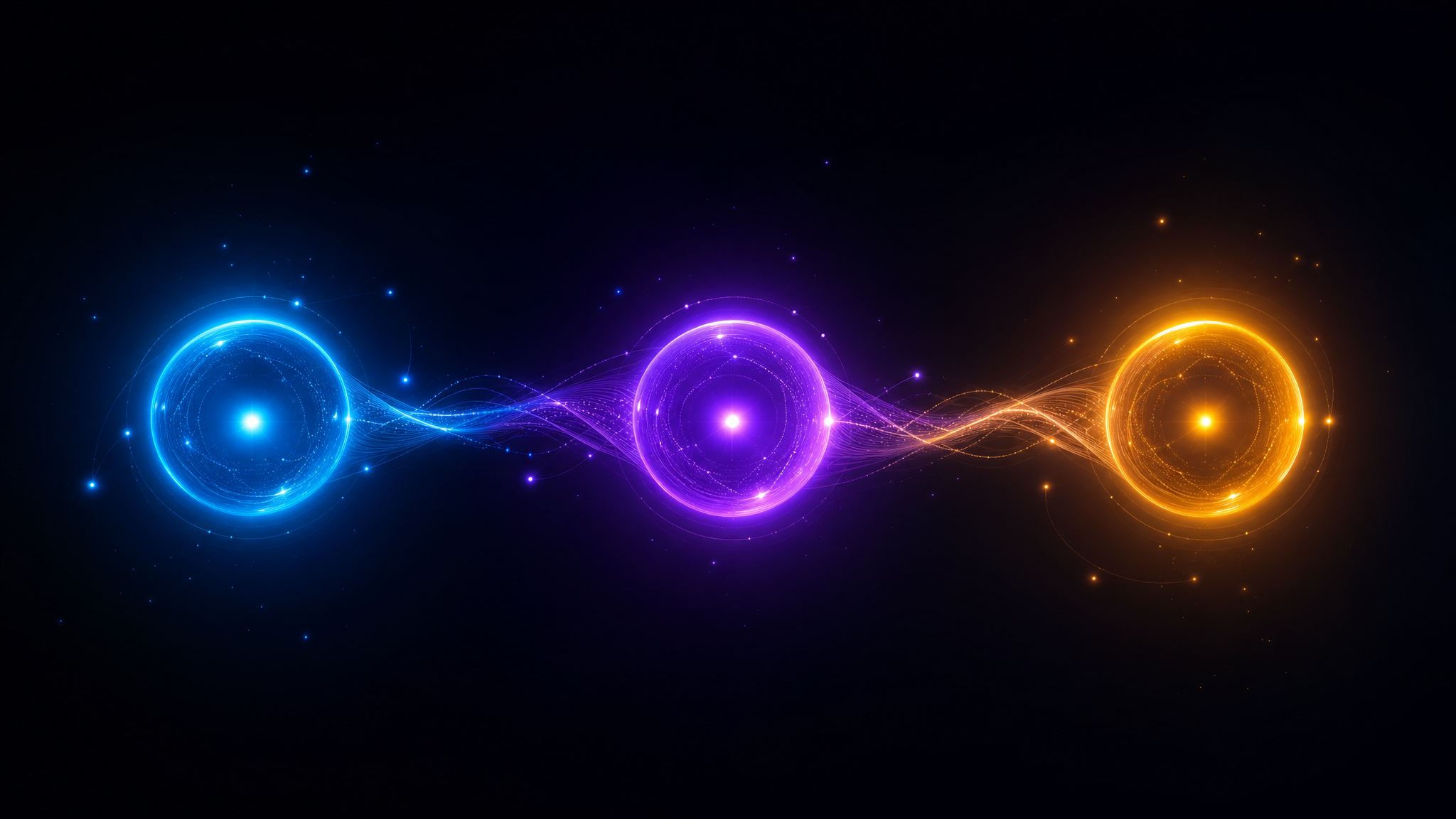 Three autonomous AI agents — Strategy (cyan), Creative (purple), and Media (amber) — working in parallel with real-time output sharing through neural pathways